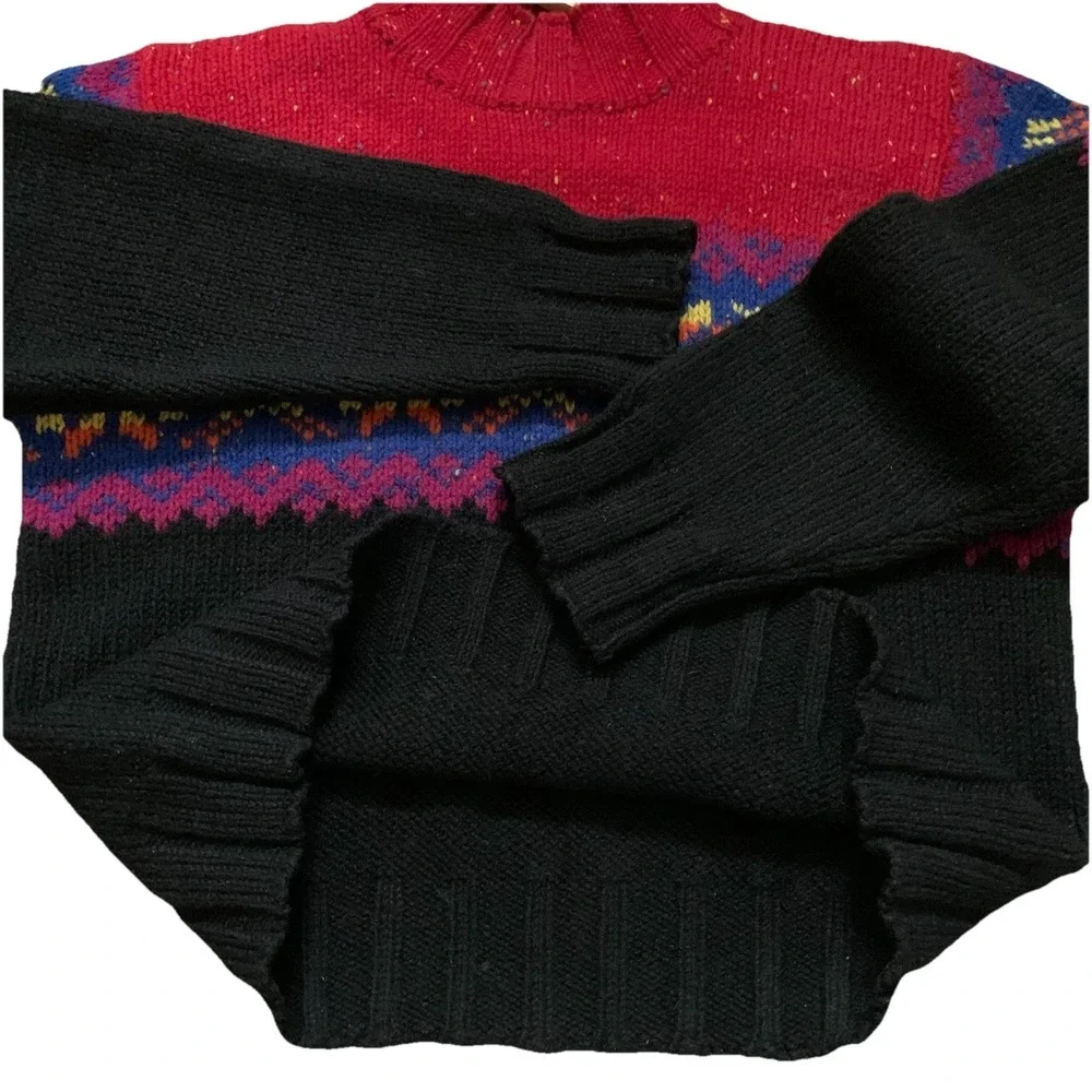 Vintage Express Tricot Wool Fair Isle Sweater Red Black Nordic Knit 100% Wool-M